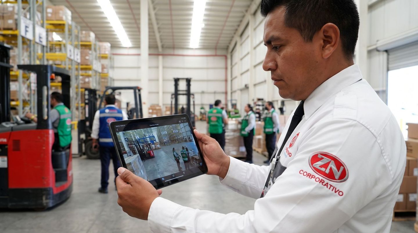 Supervisor de ZN Corporativo revisando en una tableta la cámara del mismo pasillo donde se encuentra