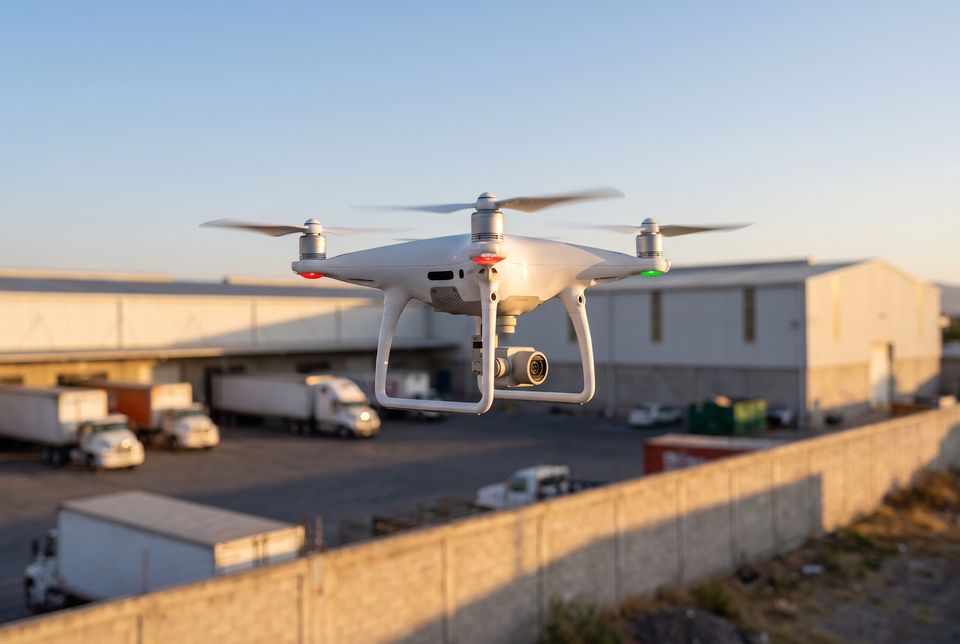 Dron de inspección sobrevolando el perímetro de un parque industrial