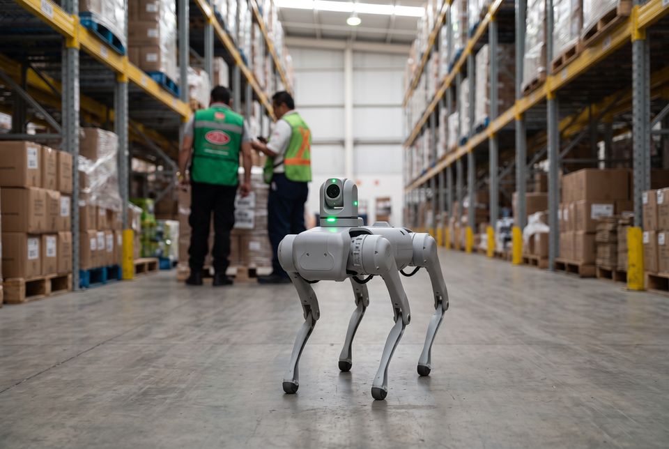 Robot de inspección recorriendo un pasillo de almacén
